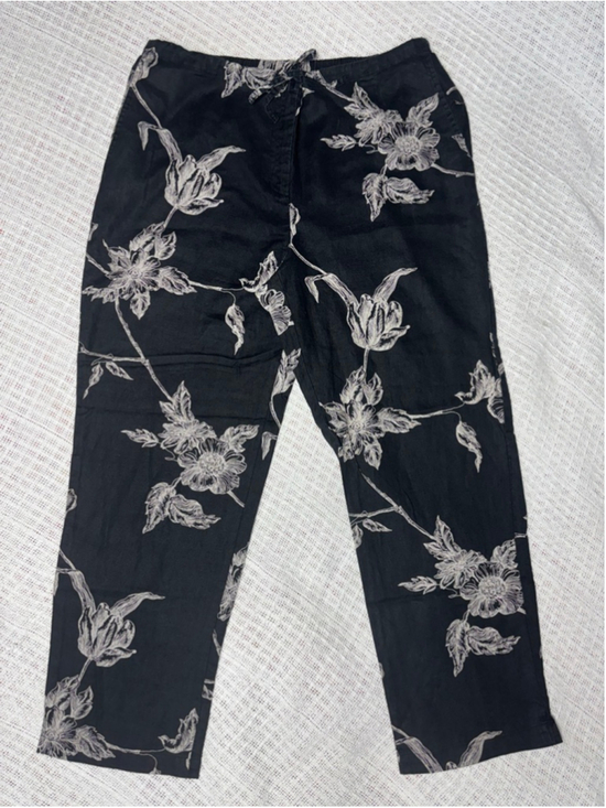 Dialogue Pants - Dialogue 100% Linen Black & Cream Floral Relaxed Breatheable Pants Size 10 GUC